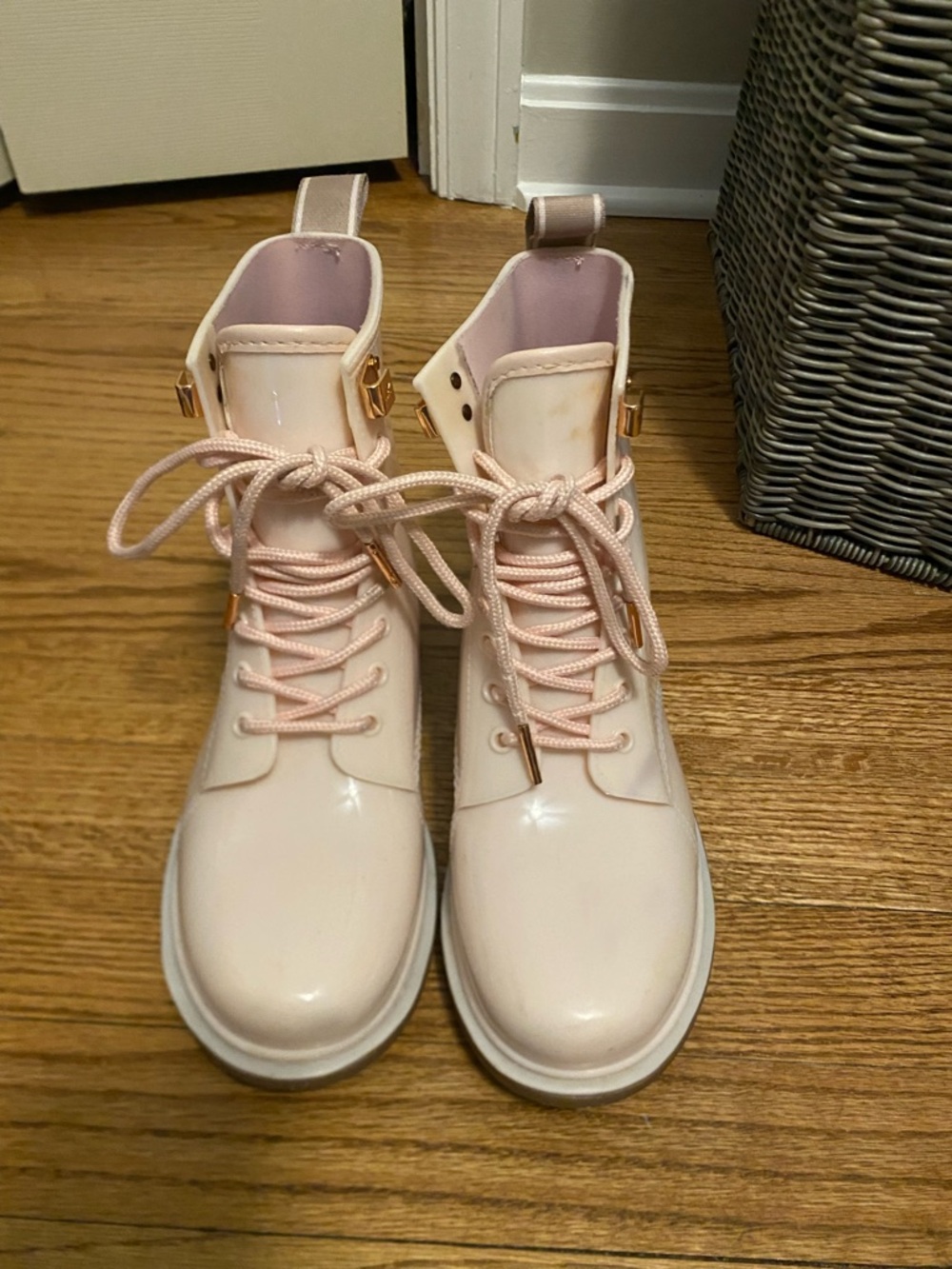 Michael Kors Blush Pink Lace-Up Ankle Boots with Gold Accents